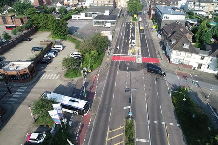 Blick von der Bendstraße in die Kreuzung Freiheitsstr. Stand: 20.07.2021